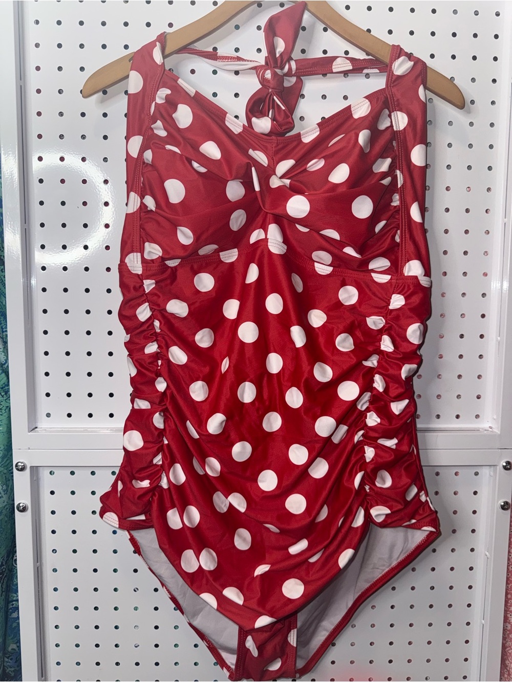Red Polka Dot One-Piece Swimsuit with Halter Tie